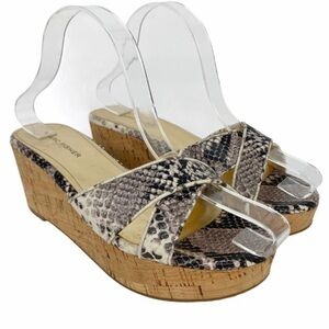 MARC FISHER Snake Print Leather Cork Wedge Sandal